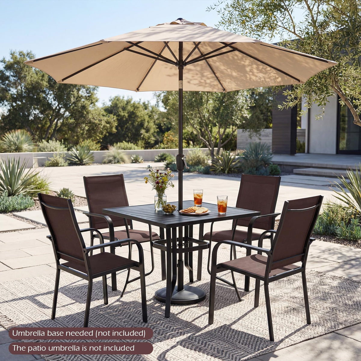 Square Patio Table for 4, 91 cm Square Metal Slat Table with 4-6 cm Adjustable Umbrella Hole