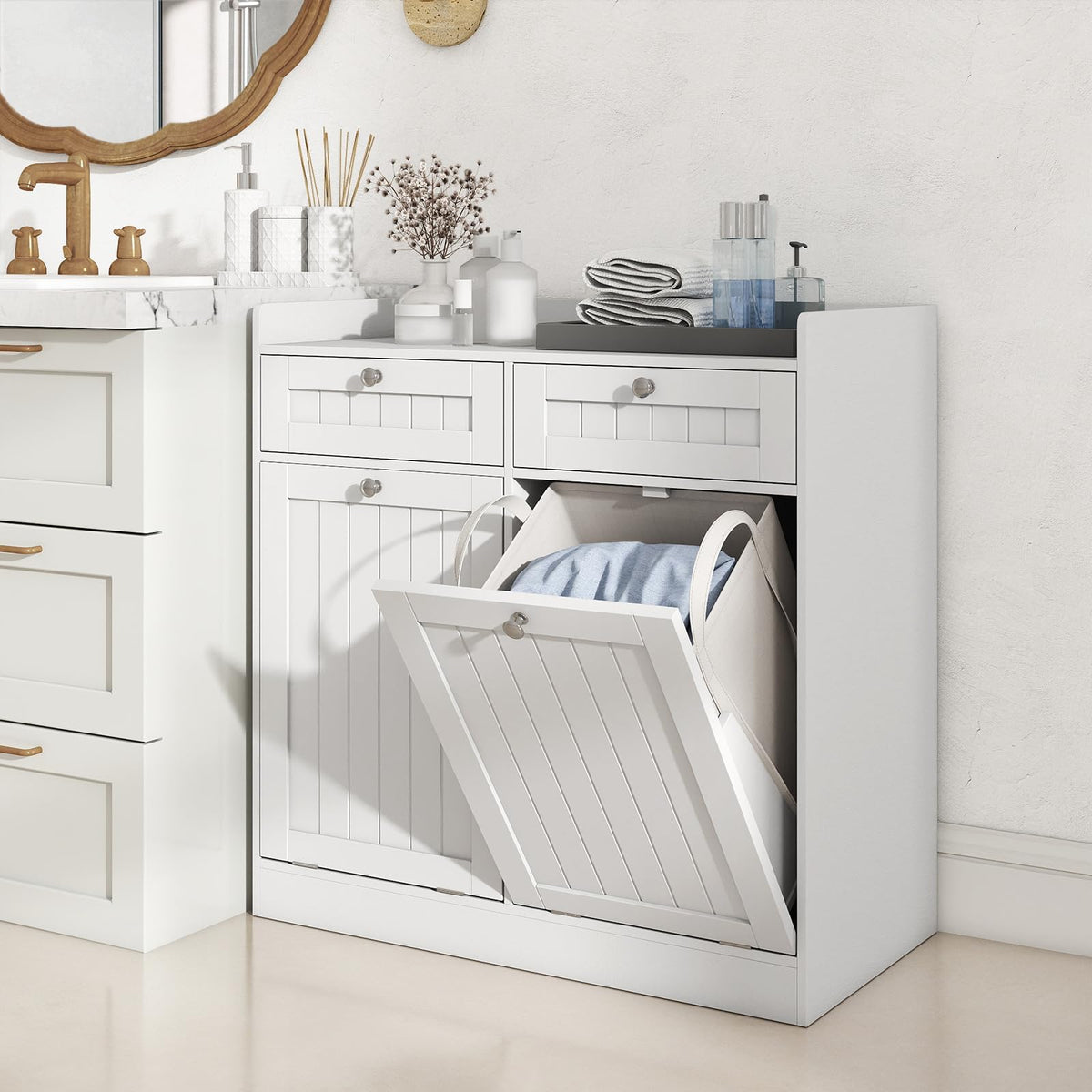 Tilt-Out Laundry Hamper Cabinet Freestanding Bathroom Storage Cabinet with 1/2 Shelf