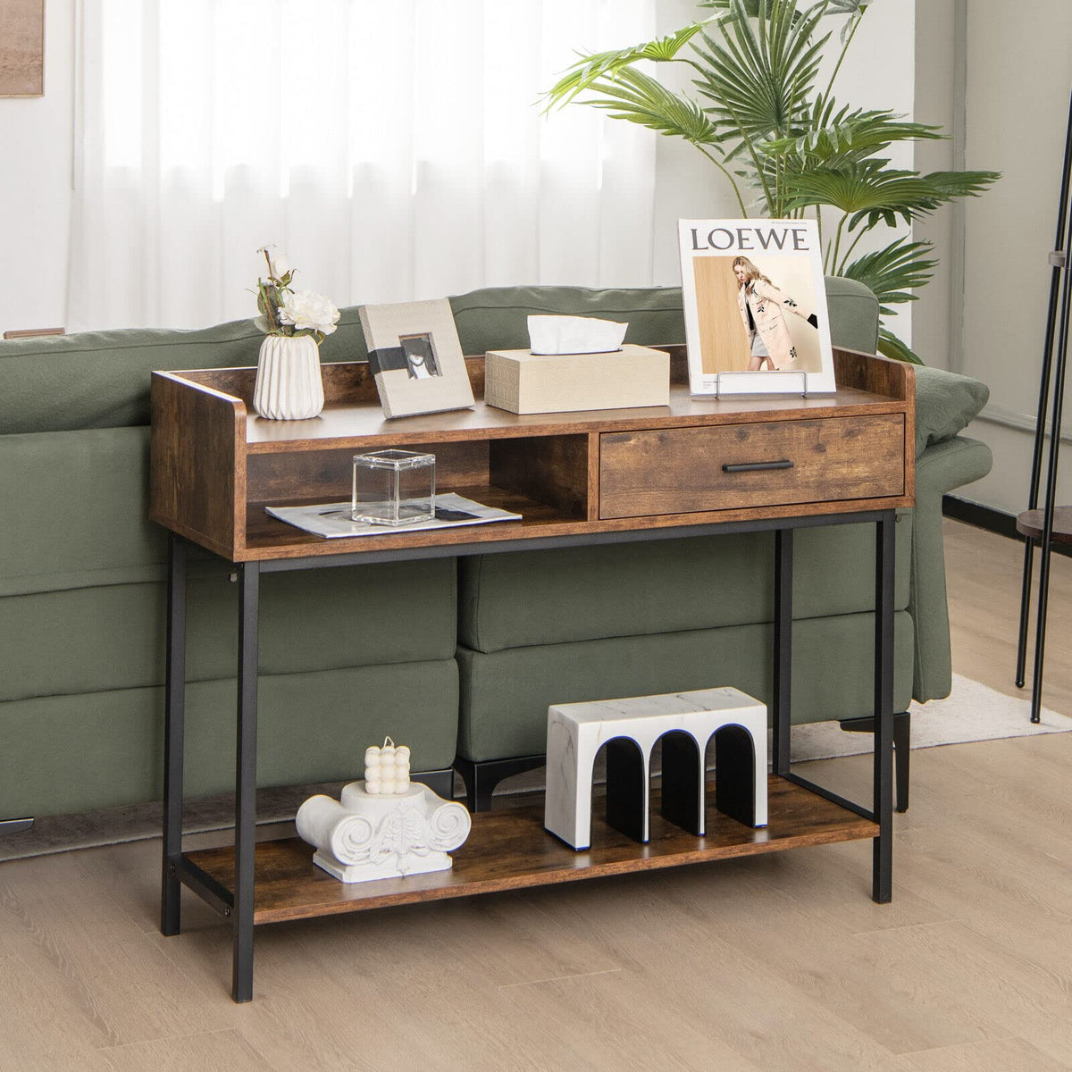 Giantex Long Console Table for Small Space, Couch Side Table with Drawer & Anti-Tipping Kit, Rustic Brown