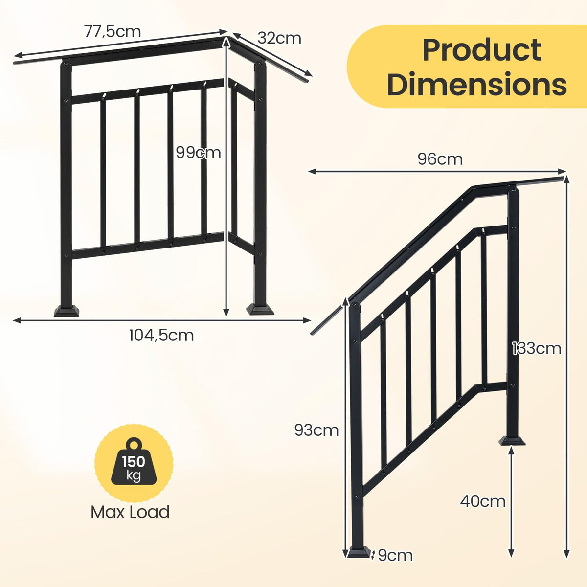 2 Pack Handrails for Outdoor Steps, 3-Step Galvanized Metal Hand Rails