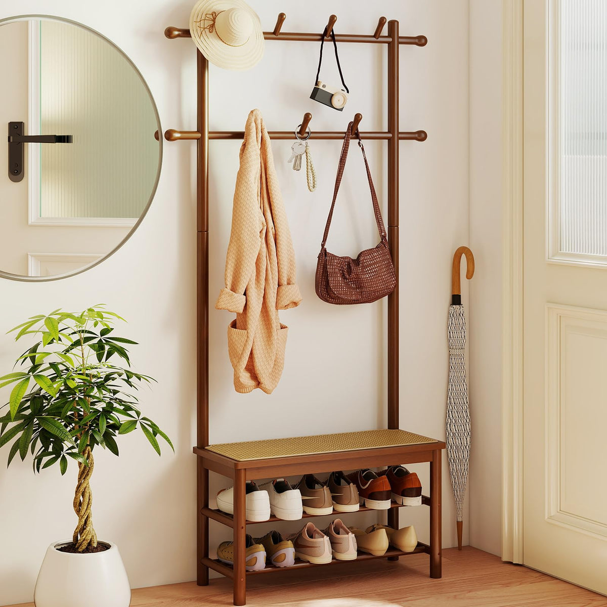 3-in-1 Hall Tree with 11 Hooks Hanging Rods and Shelves for Home