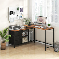 Giantex L-Shaped Computer Desk with Power Outlet, Convertible Corner Desk with 3 Fabric Drawers & Metal Mesh Shelves