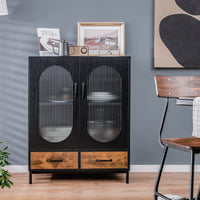 Industrial Buffet Sideboard, Floor Coffee Bar Cabinet w/Tempered Glass Doors & 2 Pull-Out Drawers