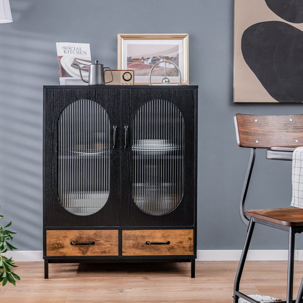 Industrial Buffet Sideboard, Floor Coffee Bar Cabinet w/Tempered Glass Doors & 2 Pull-Out Drawers
