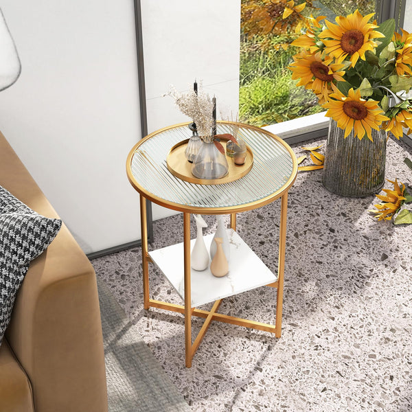 Giantex Glass End Table, 2-Tier Round Beside Table with Faux Marble Storage Shelf