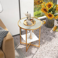 Giantex Glass End Table, 2-Tier Round Beside Table with Faux Marble Storage Shelf