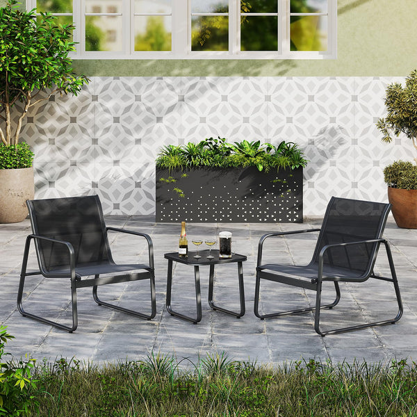 3 Pieces Patio Conversation Set Outdoor Metal Chair and Table Set Breathable Fabric