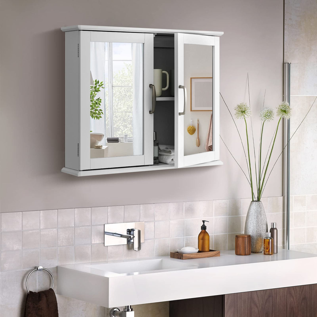 Mirrored Bathroom Wall Cabinet with Double Mirrored Doors and Two Shelves