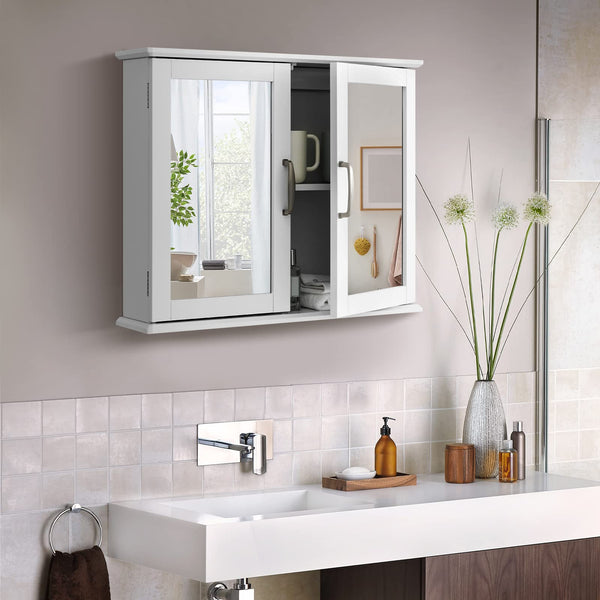 Mirrored Bathroom Wall Cabinet with Double Mirrored Doors and Two Shelves