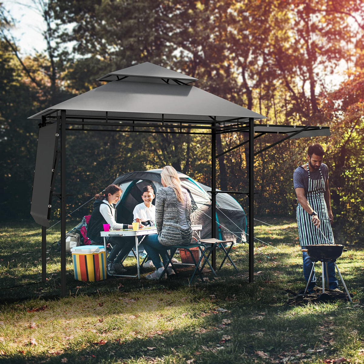 413 x 122cm Outdoor BBQ Grill Gazebo W/Dual Side Awnings, 2 Side Shelves, 8 Stakes Double-Tiered