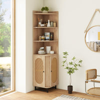 PE Rattan Corner Cabinet 172 cm Tall Corner Bookcase with 2 Doors and 4 Open Shelves