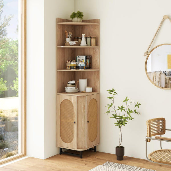 PE Rattan Corner Cabinet 172 cm Tall Corner Bookcase with 2 Doors and 4 Open Shelves