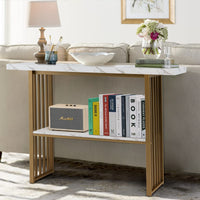 Giantex 2-Tier Console Table, White Faux Marble Sofa Table w/Open Shelf, Gold Steel Frame