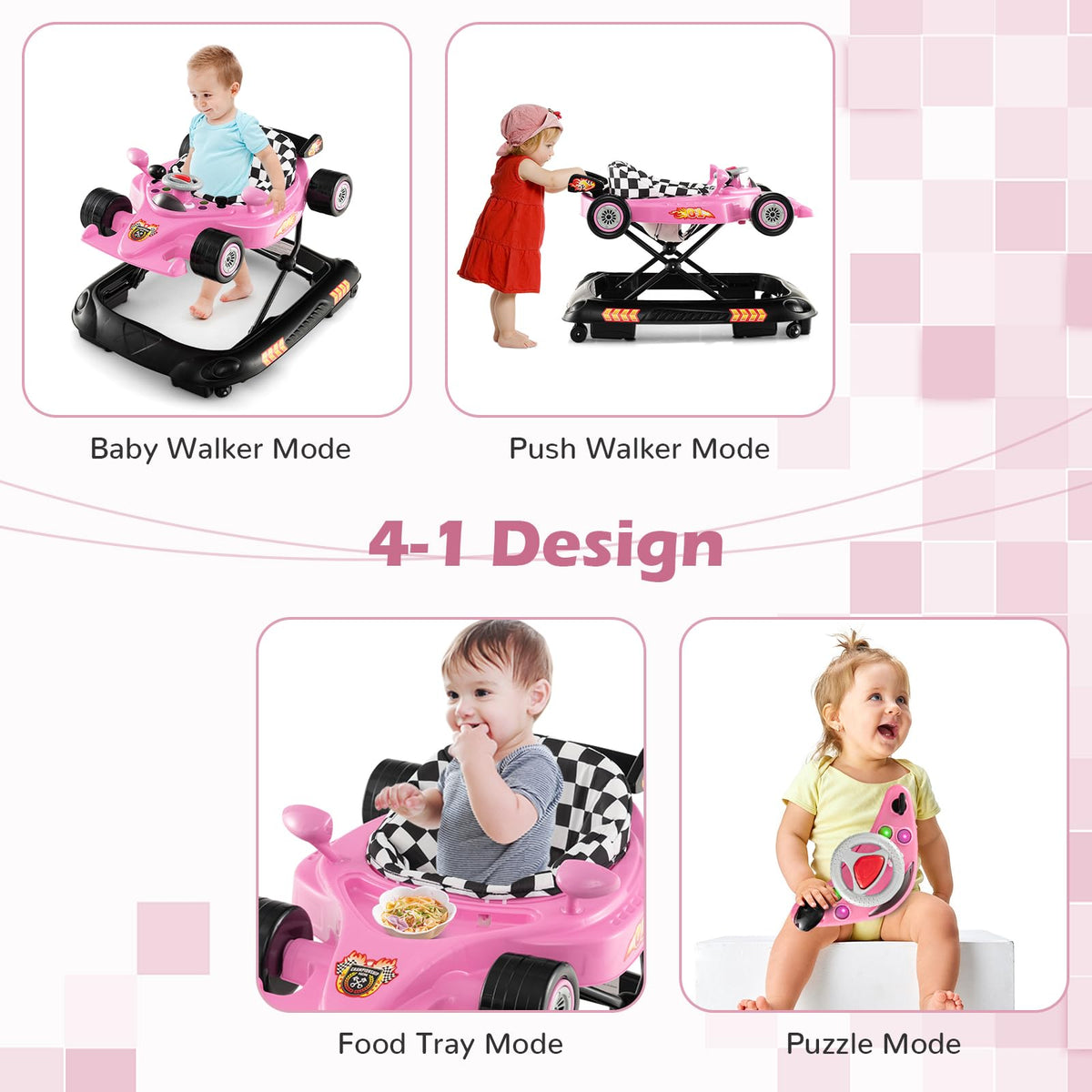 Foldable Baby Walker with 3 Adjustable Height Settings for 7-14 Months Boys Girls