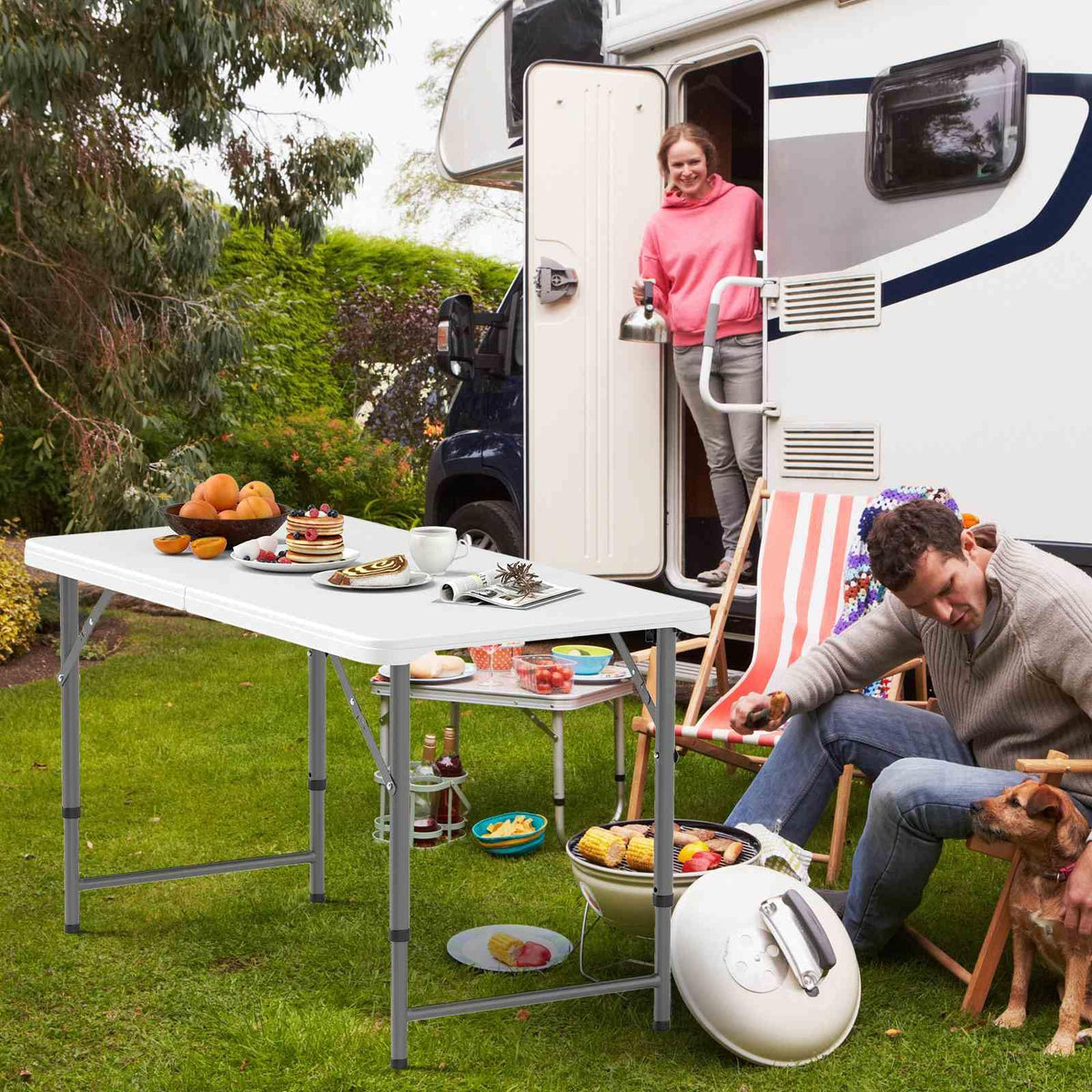 122cm Portable Camping Adjustable Fold-in-Half Table with HDPE Tabletop