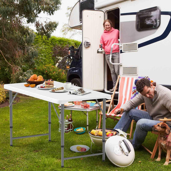 122cm Portable Camping Adjustable Fold-in-Half Table with HDPE Tabletop