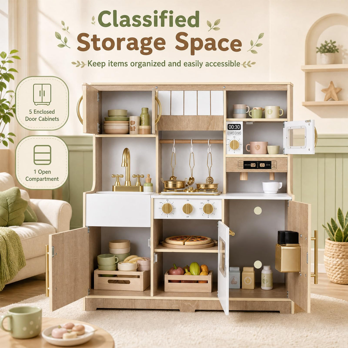 Wooden Play Kitchen with Lights & Sounds and Ice Maker Stove Sink for Toddlers Ages 3+