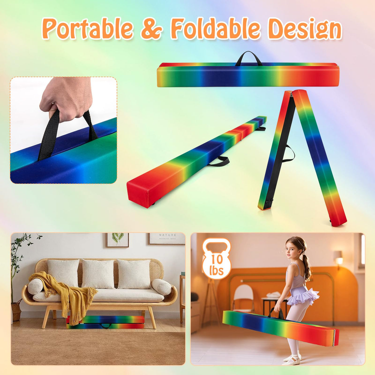 240cm Balance Beam, Folding Gymnastics Beam w/Carry Handles