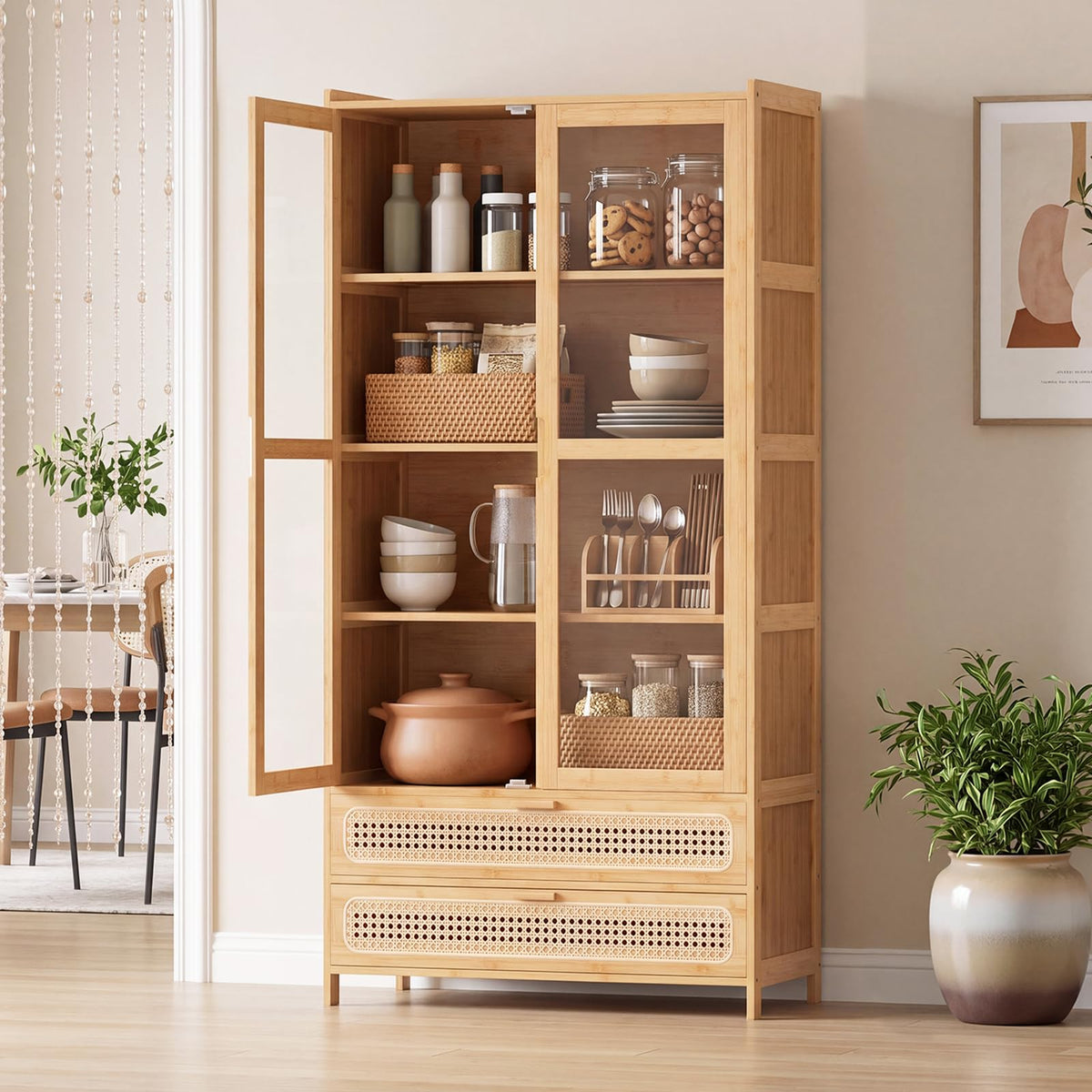 Giantex 138.5 cm Bamboo Bookshelf w/ 2 Acrylic Doors, 4 Shelves & 2 Drawers