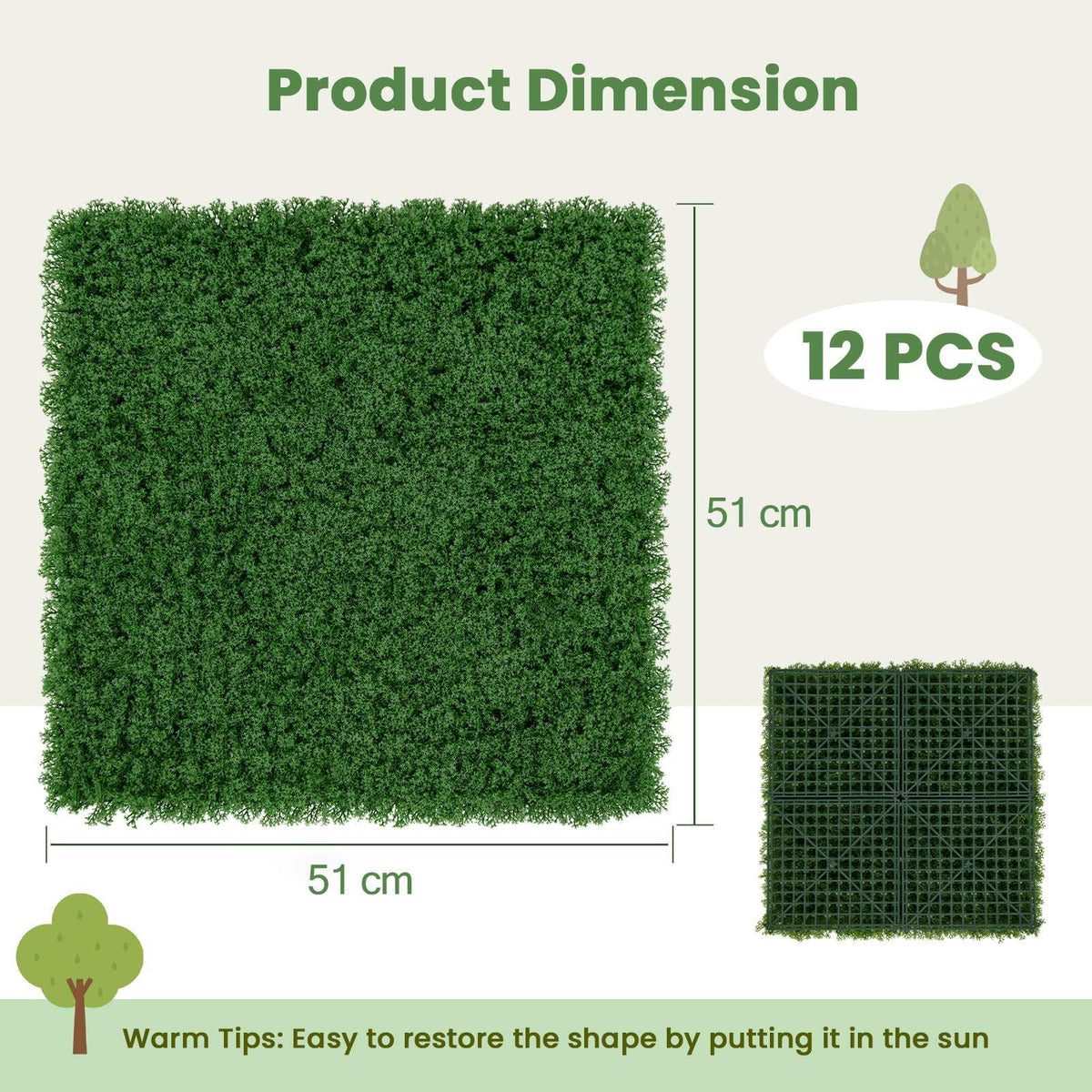 12 Pieces 51 x 51cm Artificial Grass Wall Panels Faux Green Moss Panels