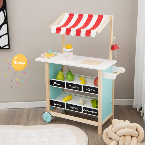 Kids Pretend Play Grocery Store, Wooden Ice Cream Cart Toy Set