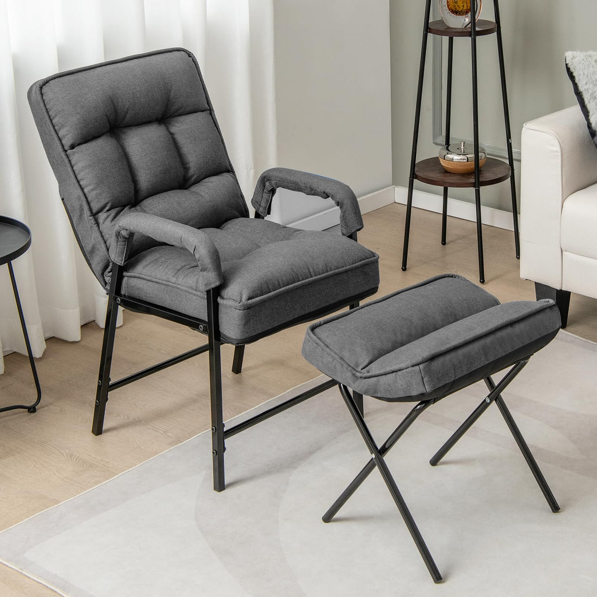 Giantex Modern Accent Chair w/Ottoman, Linen Fabric Arm Chair w/Adjustable Backrest & Solid Metal Frame