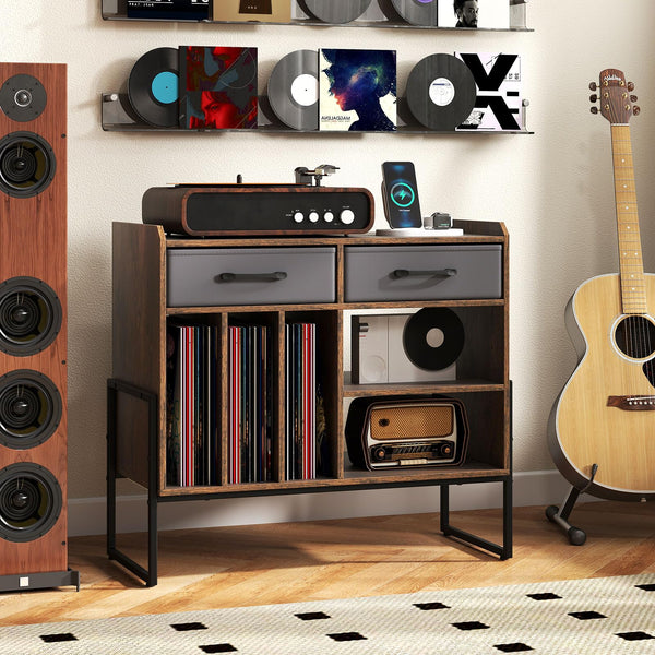 Large Record Player Stand with 2 Fabric Drawers and Adjustable Shelf for Living Room and Office