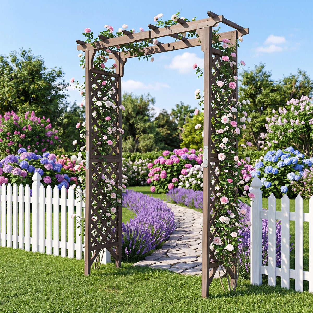 Flat Top Garden Arch Trellis 216cm Tall Wood Garden Archway Gate for Climbing Plants
