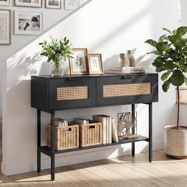 Rattan Console Table with Flip Doors and Open Storage Shelf