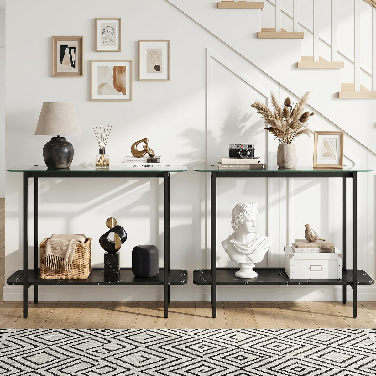 100cm Console Table with Storage Shelf and Tempered Glass Top for Hallway
