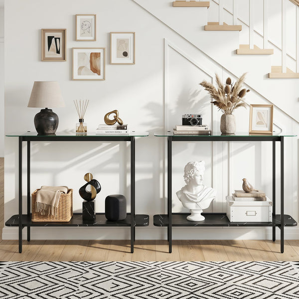 100cm Console Table with Storage Shelf and Tempered Glass Top for Hallway