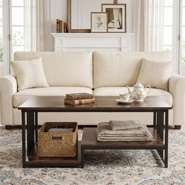 Industrial Coffee Table Rectangular 2-Tier with Open Shelf for Living Room