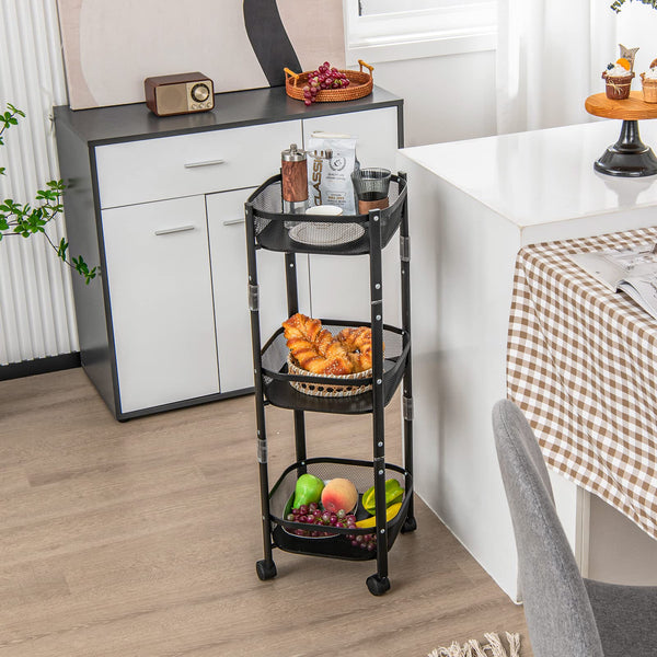 Giantex Foldable 3-Tier Utility Rolling Cart, One-Second Folding Metal Fruit Vegetable Storage Basket Stand with Wheels