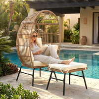 PE Rattan Egg Chair with Ottoman, Indoor & Outdoor Wicker Patio Lounge Chair