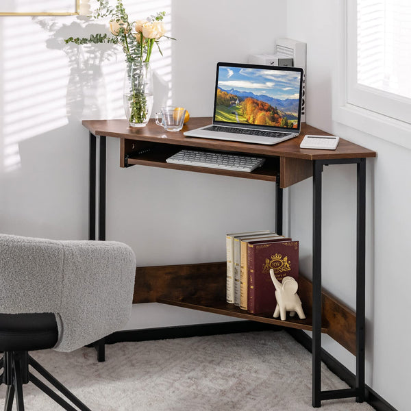 Giantex Corner Desk, 90-Degree Triangle Corner Computer Desk w/Keyboard Tray for Small Space, Rustic Brown & Black