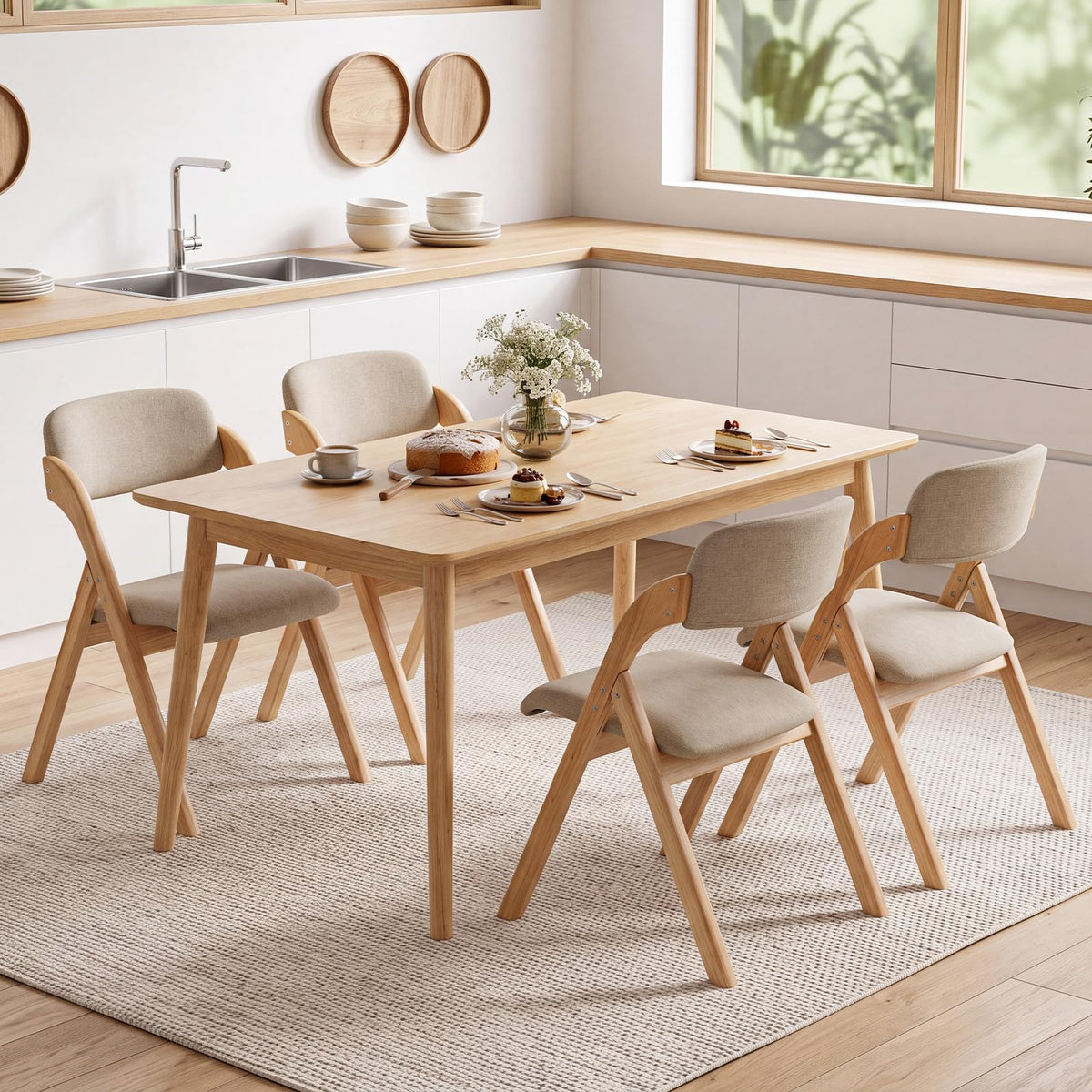 Wooden Folding Dining Chairs with Linen Fabric Padded Seat Set of 2