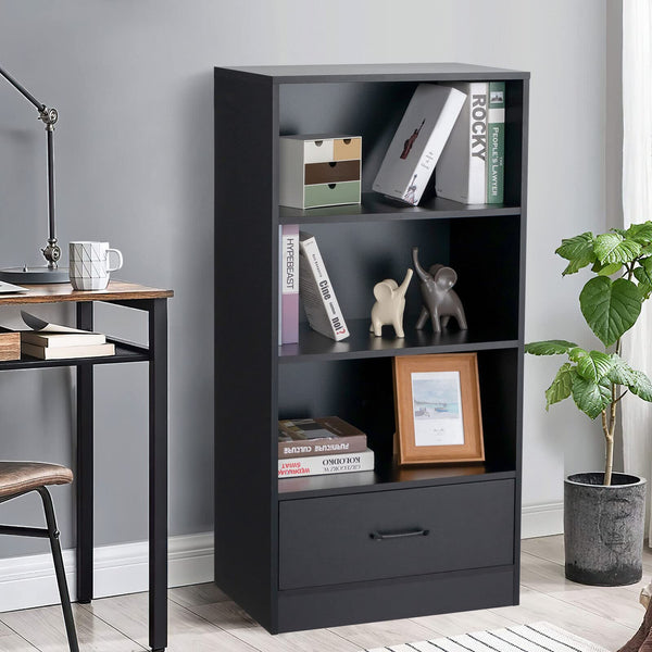 Giantex 4-Tier Storage Shelf, Wood Bookcase w/ Storage Drawer and Anti-toppling Device, Floor Standing Bookshelf