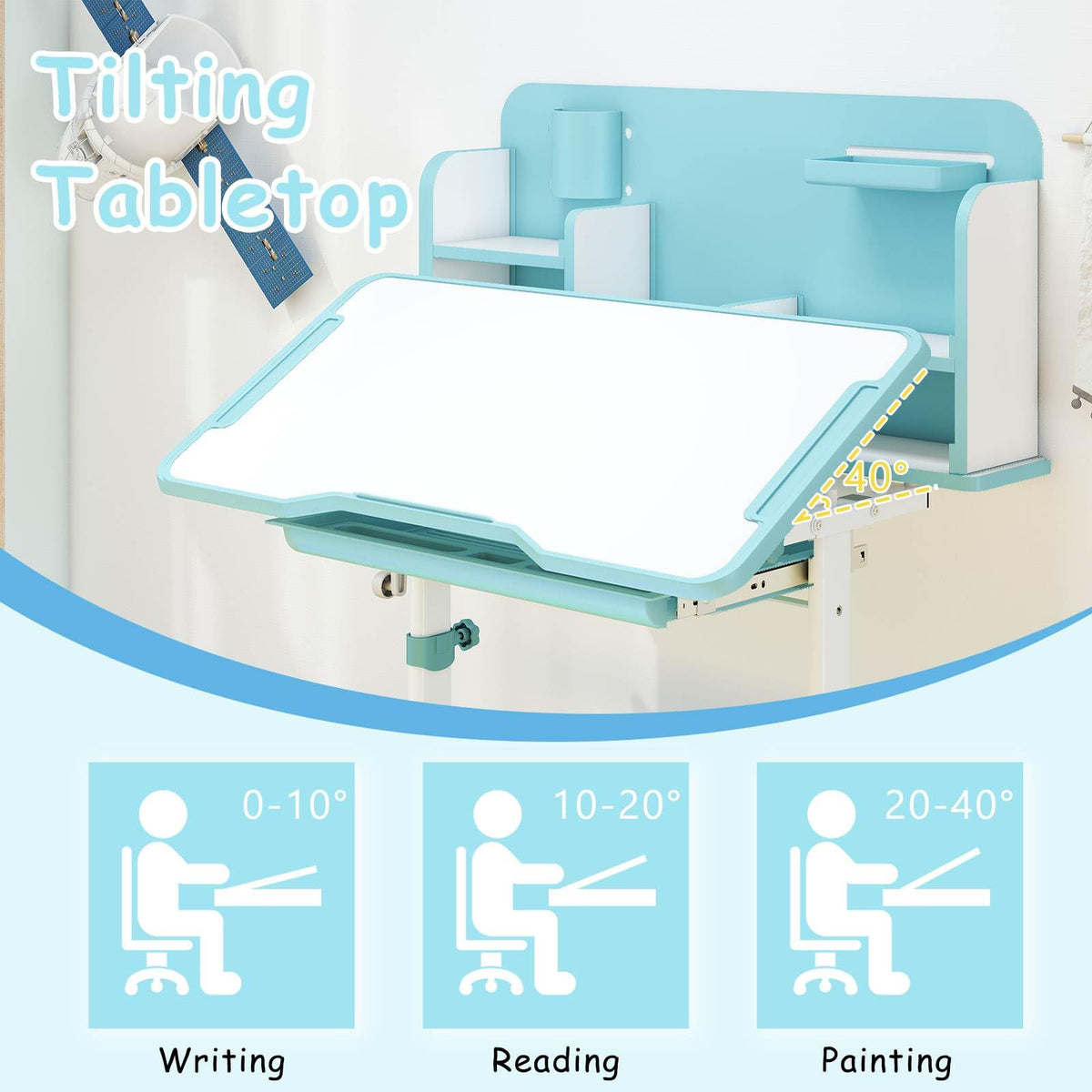 Kids Study Desk & Chair Set, Height-Adjustable Student Writing Table w/Chair