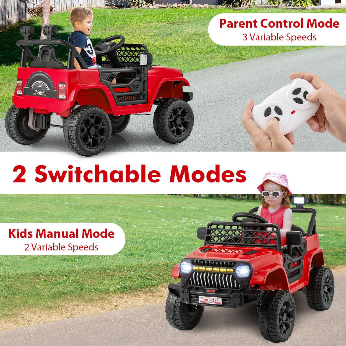 12V Kids Ride on Truck Car Jeep with Parental Remote LED Lights and Dual Motor
