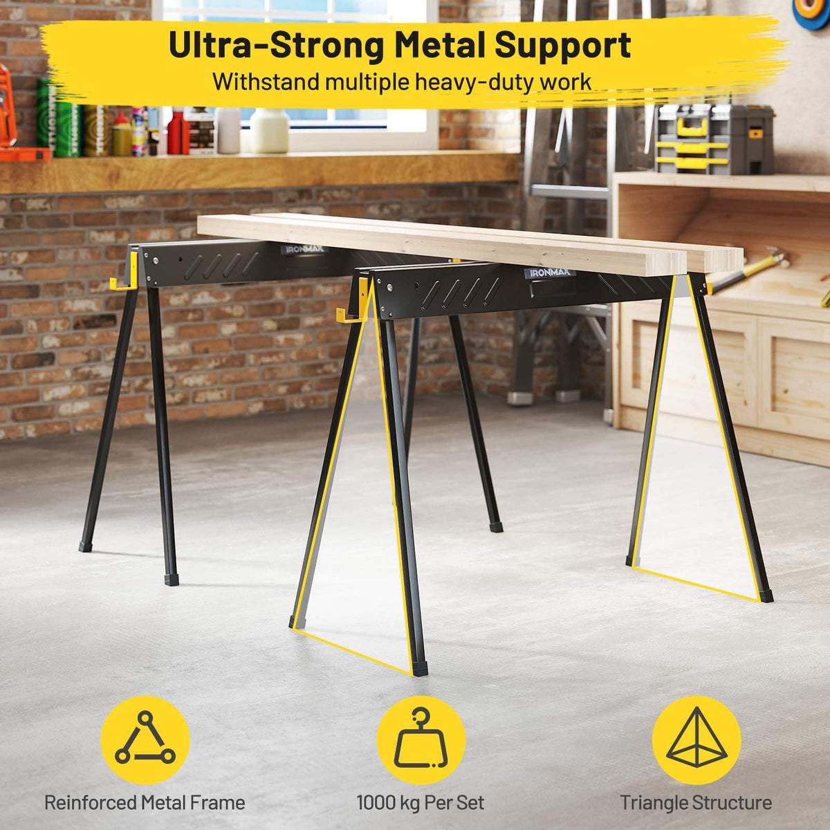 2-Pack Folding Sawhorses, Heavy-Duty Metal Saw Horses w/ 2 x 4 Supporting Arms