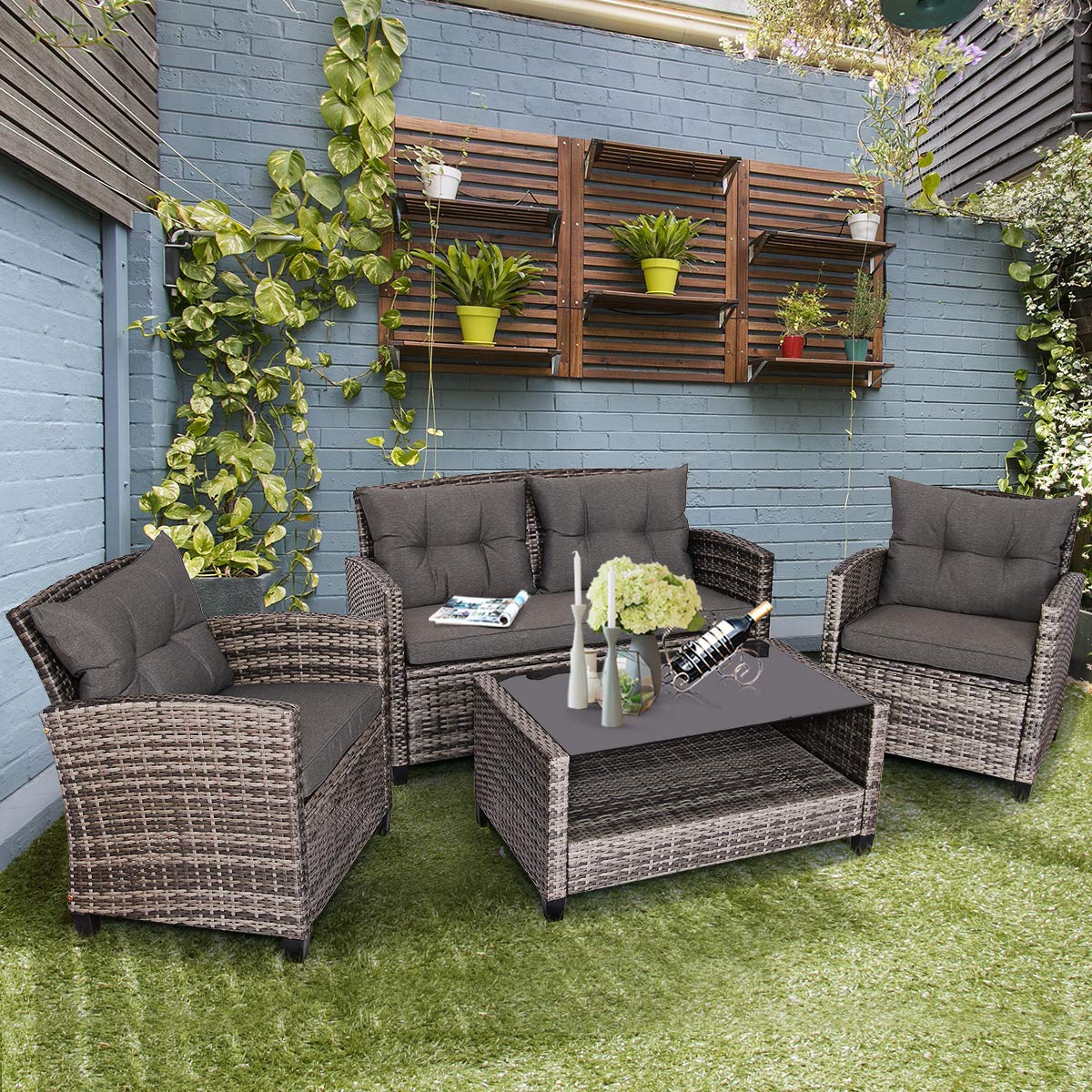 Outdoor Furniture Sofa Set, 4 Pcs Patio Rattan Conversation Set, w/ Tempered Glass Tabletop & Soft Cushions, Mixed Gray