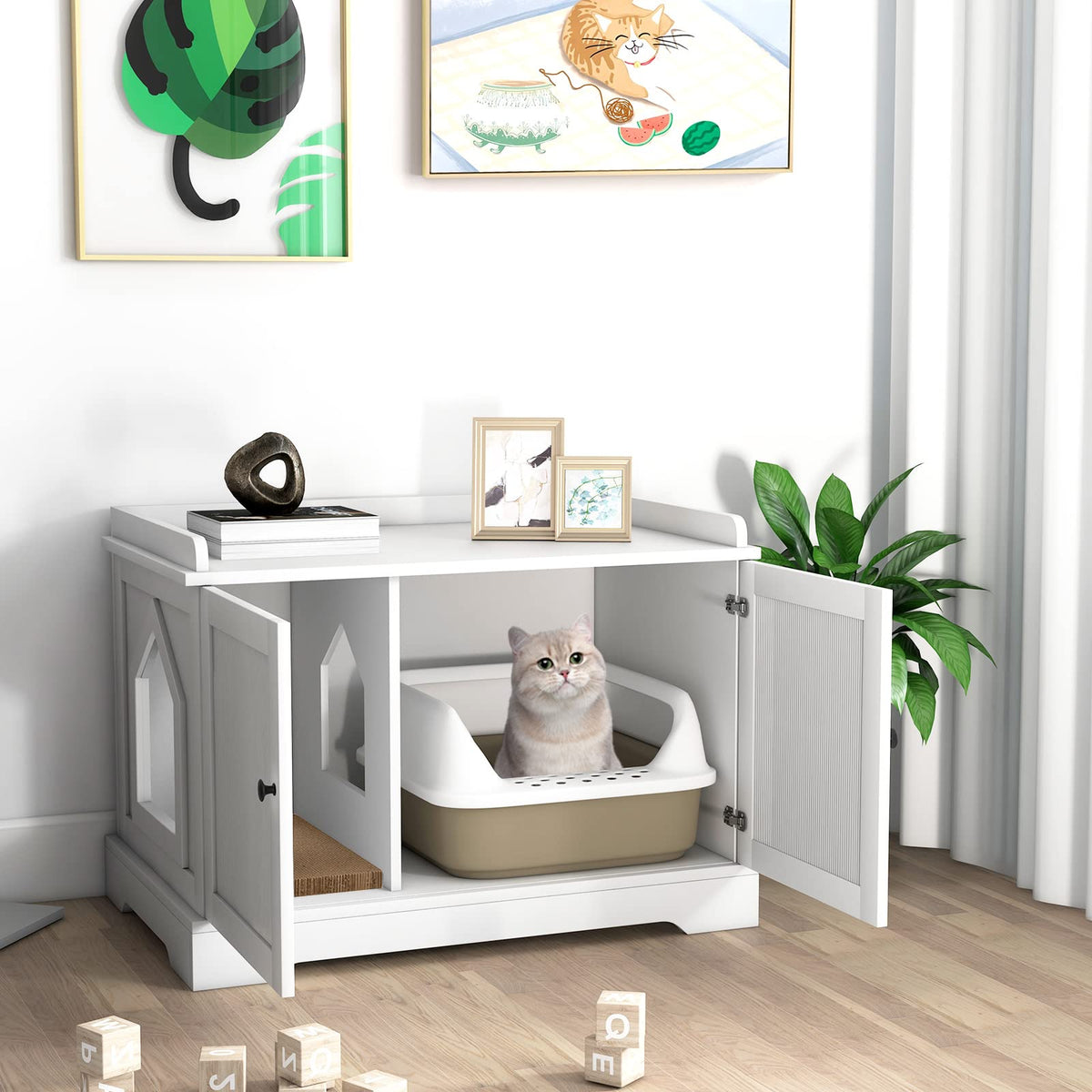 Cat Litter Box Enclosure W/Cat Scratching Pad for Kitten & Large Cat