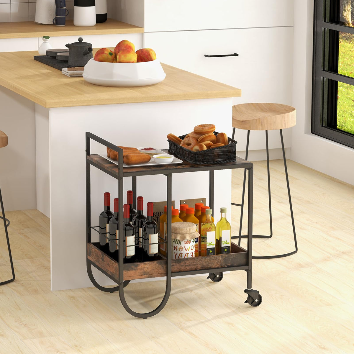 Giantex Bar Cart, Liquor Beverage Serving Cart with 6-Bottle Removable Metal Wire Wine Rack