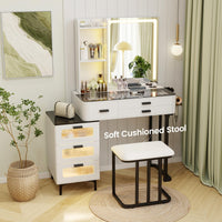 Giantex Makeup Vanity Desk with Mirror and Lights, Dressing Table and Stool Set with Charging Station, 3-Color LED Lights