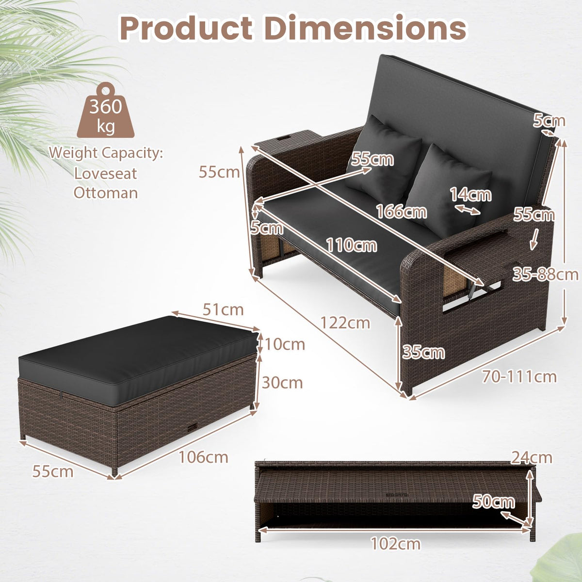 Patio Rattan Daybed, 2-Piece Loveseat & Storage Ottoman Set