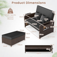 Patio Rattan Daybed, 2-Piece Loveseat & Storage Ottoman Set