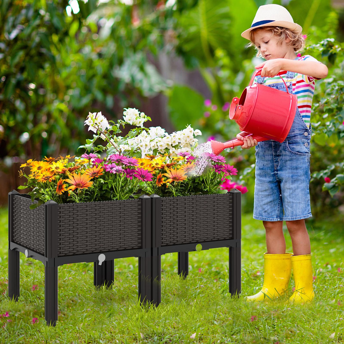 Set of 2 Raised Planter Boxes with Self-Watering System