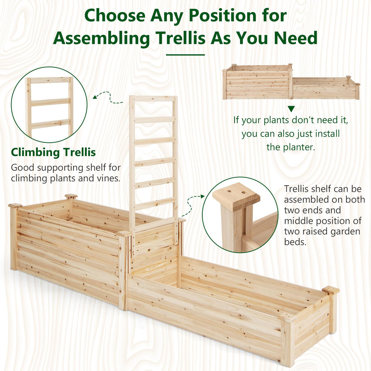 2-Tier Wood Planter Box w/Open-Ended Bottom for Vegetables