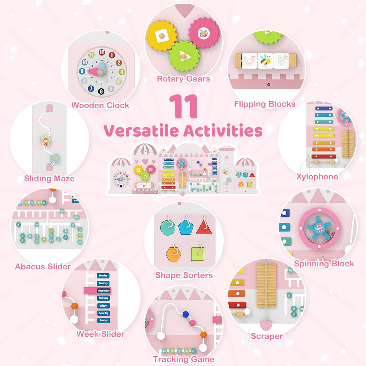 Castle Activity Wall Busy Board Panels 11-in-1 Montessori Wooden Sensory Board