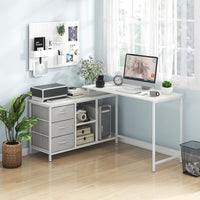 Giantex L-Shaped Computer Desk with Power Outlet, Convertible Corner Desk with 3 Fabric Drawers & Metal Mesh Shelves